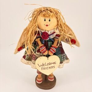 Primitive Folk Art Angel Doll Welcome Friends Patchwork Button Spool Decor 12in